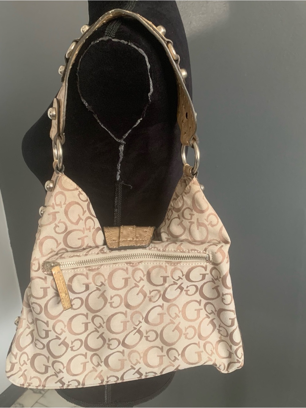 Guess Beige Monogram Shoulder Bag with Tan Trim and Silver G Logo - Picture 4 of 7